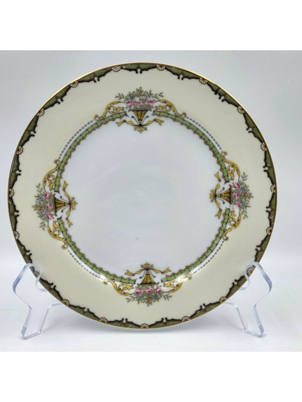 Noritake Penelope Set of 4 Salad Plates Green Border Pink Roses Urn Gold Trim - Picture 1 of 6